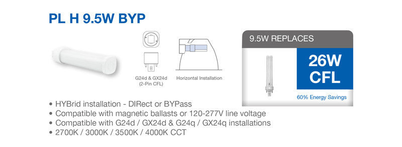 LED PL Retrofit Lamp for 2 or 4 Pin CFL Bulbs - Replaces 26 Watt- G24d, GX24d, G24q / GX24q Base Lamps -Magnetic Ballast Compatible or Bypass, 4000K and 950 Lumens