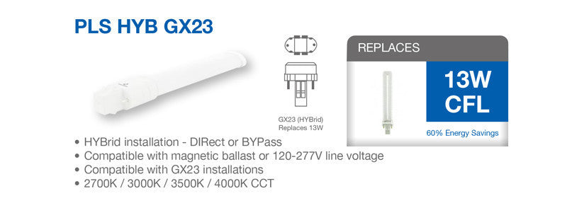 2 Pin PL LED Lamp - Replaces 13 Watt- GX23-2 Base Lamps - Ballast Compatible or Bypass, 3500K and 550 Lumens