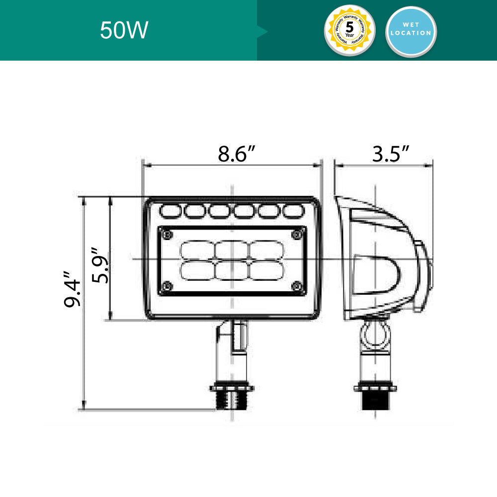 Low Voltage LED Landscape Flood Light - Knuckle Mount - 50 Watt - 5250 - Lumens - 5000K Daylight - Bronze - 12V