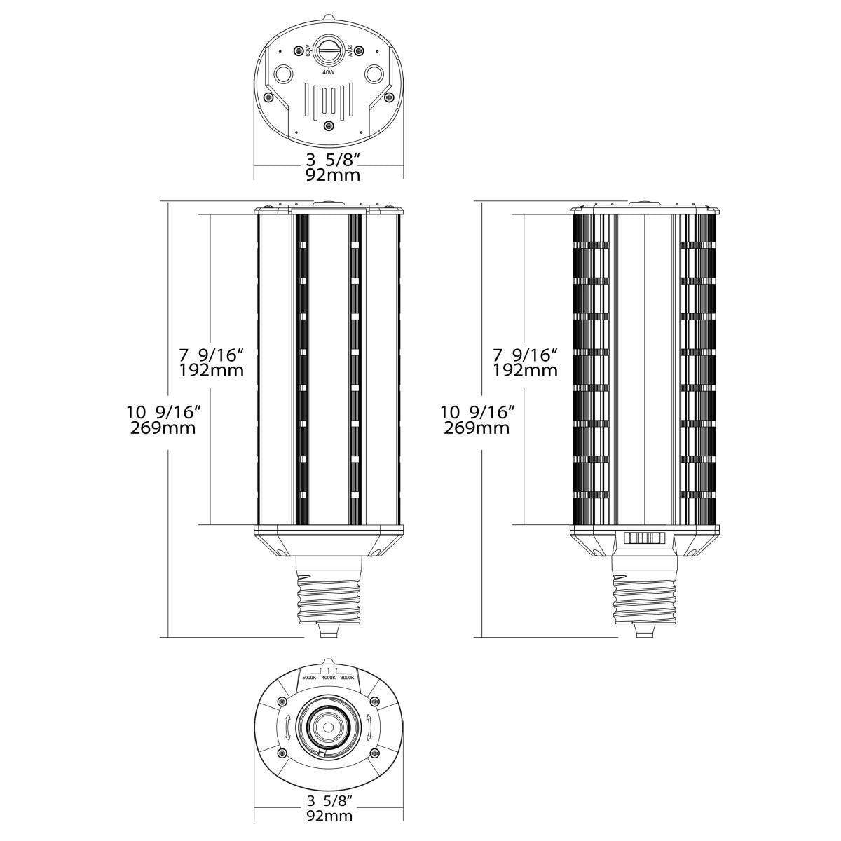 LED Corn Wall Pack Bulb - Watt Selectable 20/40/60W Wall Pack Retrofit -Up To 9000 Lumens - Color Selectable 30K/40K/50K - 120-277V - E39 Mogul Base - Ballast Bypass