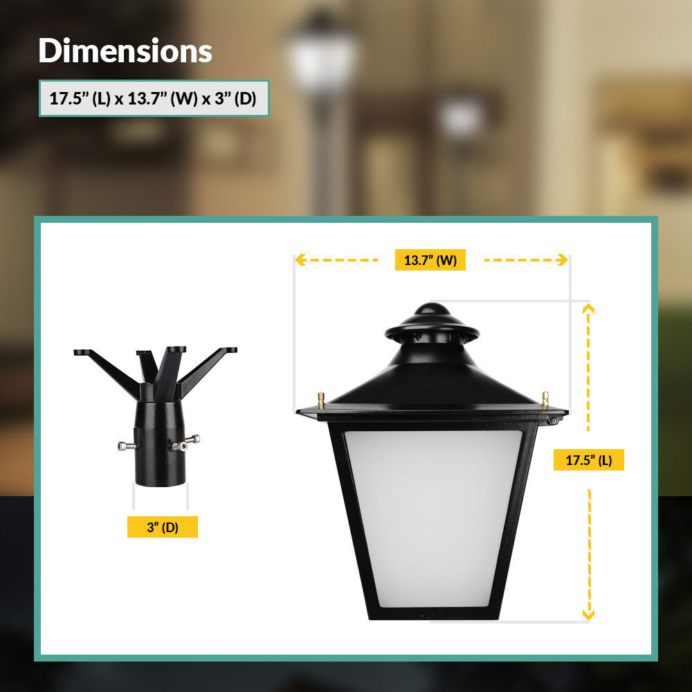 LED Decorative Post Light with Photocell - 60 Watt - 7200 Lumens - Color Selectable 30K/40K/50K - 120-277V - Black - Fits Up to 3 Inch Pole Top