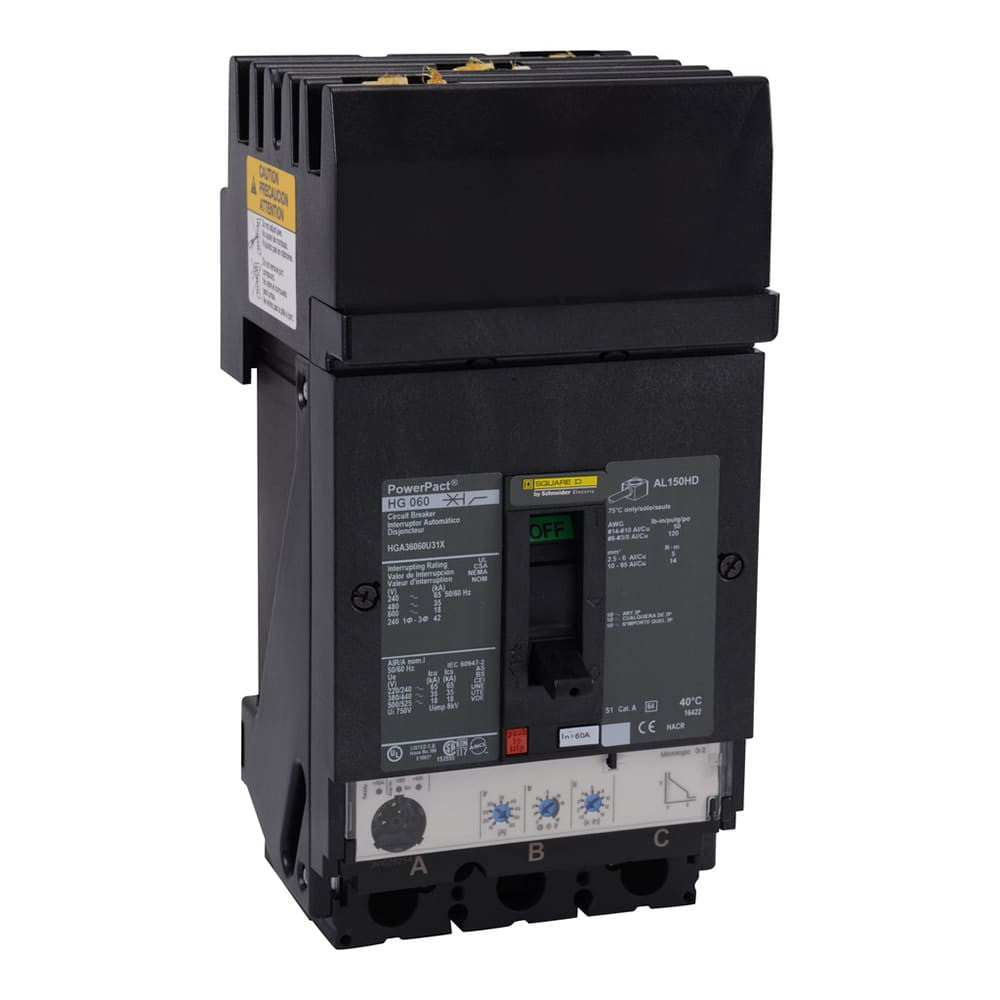 Molded Case Circuit Breaker, POWERPACT H Series, 60A, 3 Pole, 600V AC, 25kA at 240V AC - HDA36060U33X