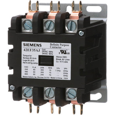 US2: 42EF35AJ Definite Purpose Contactor, 60A, 3-Pole, Open, 24 VAC Coil - 42EF35AJ