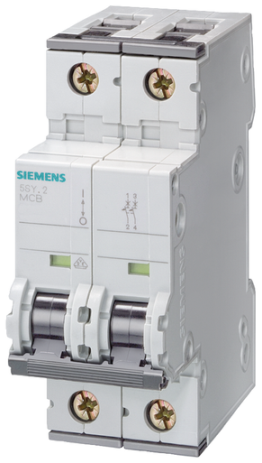 Siemens 5SY5202-7 Mini Circuit Breaker, 2-Pole, 2 Amps, 220VDC, 440VAC, C Trip Curve, 10 kA - 5SY5202-7