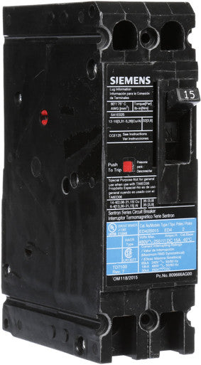 Molded Case Circuit Breaker, ED4 Series, 15A, 2 Pole, 480V AC, 18kA at 480V AC - ED42B015