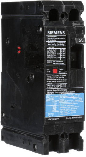 Molded Case Circuit Breaker, ED4 Series, 60A, 2 Pole, 480V AC, 18kA at 480V AC - ED42B060