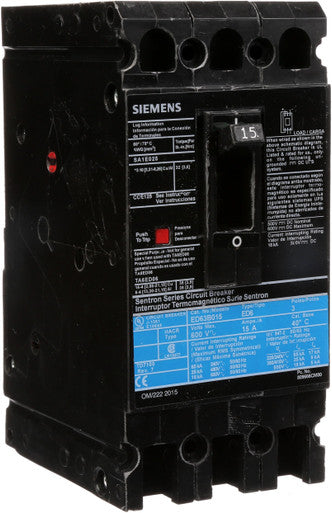 Molded Case Circuit Breaker, 15A, 3 Pole, 600V, Ed Frame, Sentron - ED63B015
