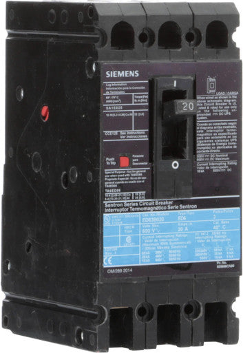 Molded Case Circuit Breaker, 20A, 3 Pole, 600V, Ed Frame, Sentron - ED63B020L