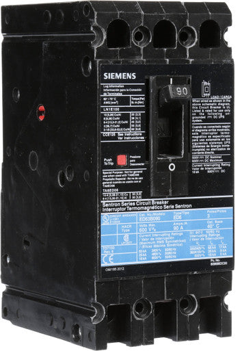 Molded Case Circuit Breaker, 90A, 3 Pole, 600V, Ed Frame, Sentron - ED63B090