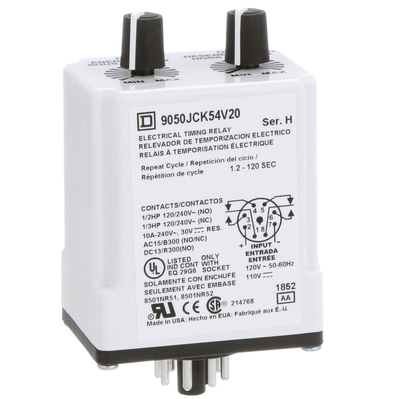 Time Delay Relay Type 9050; Repeat Cycle-Off; DPDT; 120VAC/110VDC; JCK Series - 9050JCK54V20