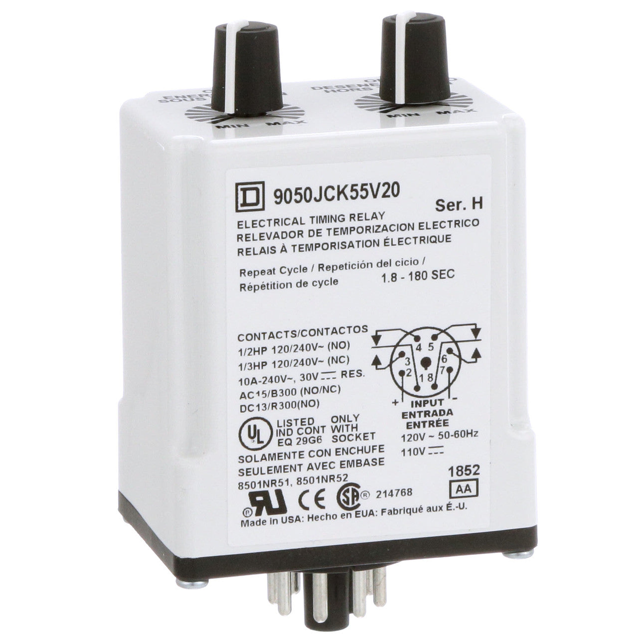 Time Delay Relay Type 9050; Repeat Cycle-Off; DPDT; 120VAC/110VDC; JCK Series - 9050JCK55V20