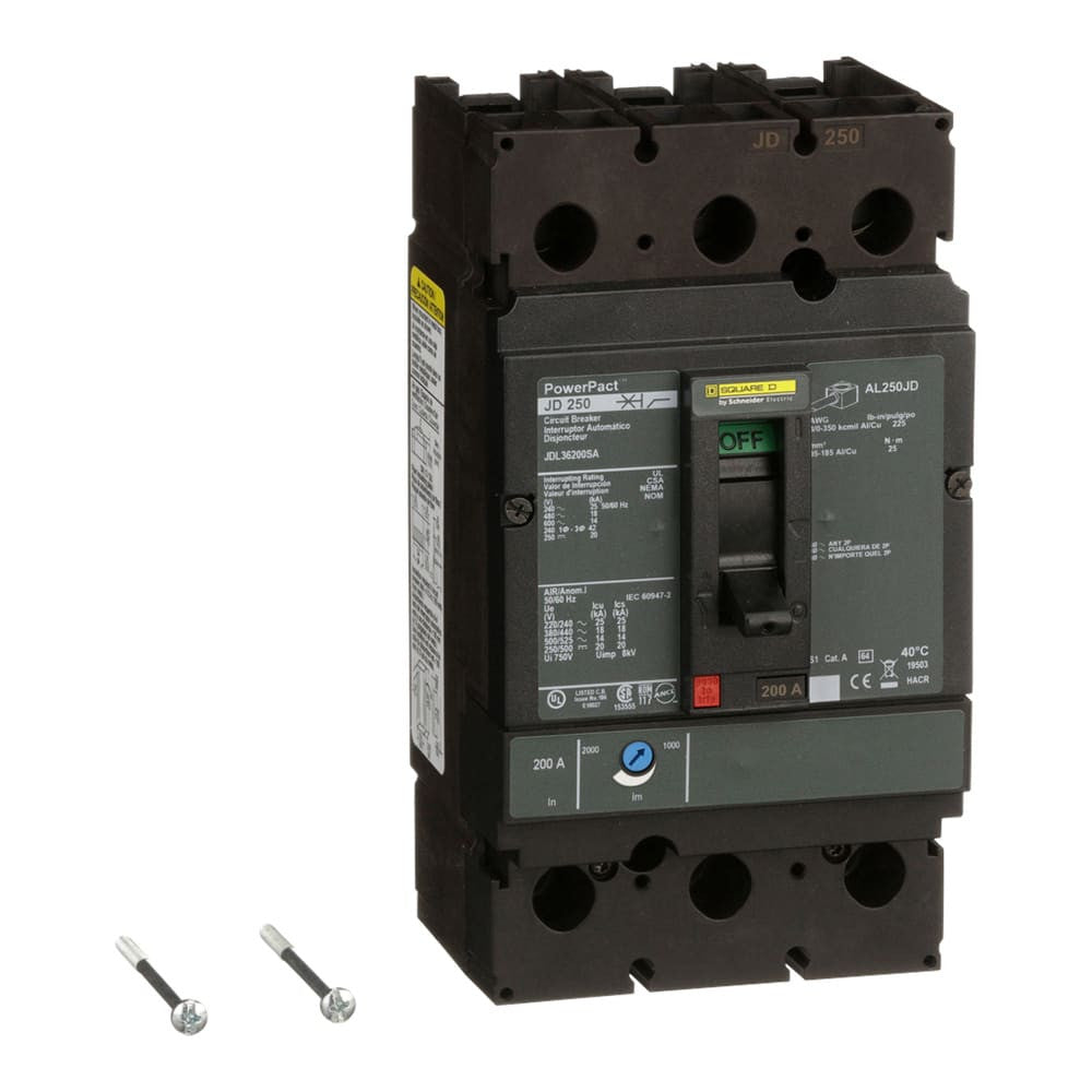 Molded Case Circuit Breaker, POWERPACT J Series, 200A, 3 Pole, 600V AC, 25kA at 240VAC - JDL36200SA