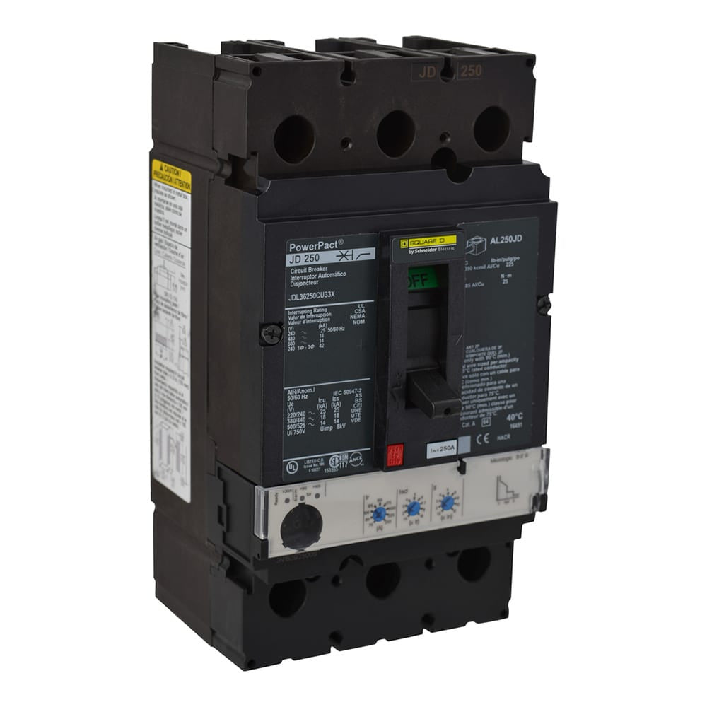 Molded Case Circuit Breaker, POWERPACT J Series, 250A, 3 Pole, 600V AC, 25kA at 240V AC - JDL36250CU33X