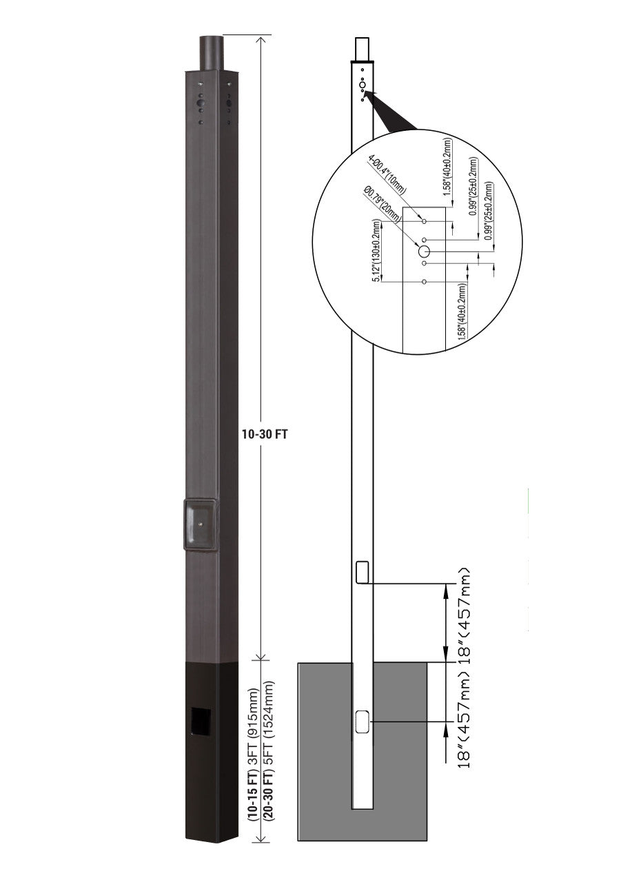 15 Foot Square Pole For Direct Burial - Steel With Bronze Finish - 4 Inch Diameter With 2.5 Inch Tenon Adapter