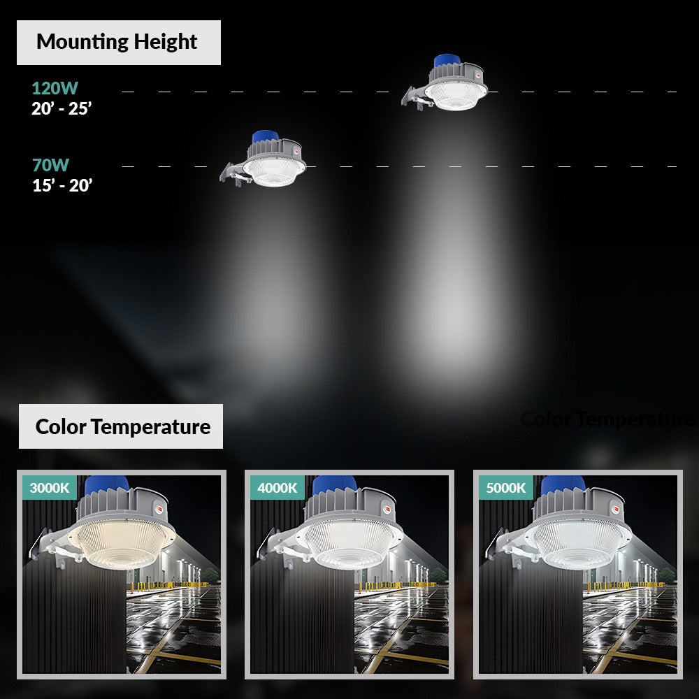 80 Watt LED Dusk To Dawn Light With Photocell - 11200 Max Lumens - Color Selectable 30K/40K/50K - 120-277V - Silver Finish - Includes Arm/Wall Mount