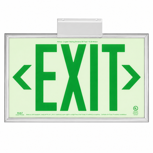 DPL Photoluminescent Exit Sign, Acrylic, N/A, Mounting Type: Wall Mount;Ceiling Mount, Number of Faces: single-face, Letter Color: Green, Housing Finish: Chrome Plated Finish, Environmental Conditions: Indoor use only, Wording On Sign:EXIT.