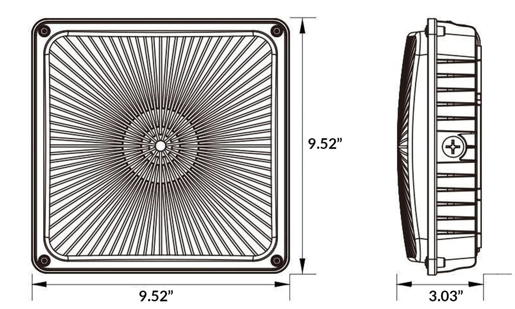 Square LED Canopy Light - Watt Selectable 60W/47W/36W/24W Ceiling or Conduit Mount - Up To 8000 Lumens - Color Selectable 30K/40K/50K - 120-277V - Bronze