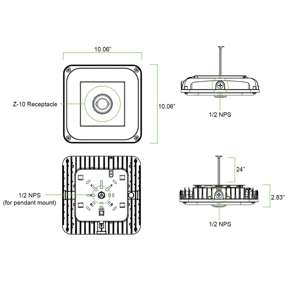LED Square Garage Canopy Light - Watt Selectable 60W/40W/25W - Up To 7400 Lumens - Ceiling or Conduit Mount - 4000K Neutral White - 120-277V - White - With Z10 Receptacle