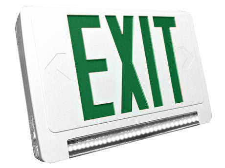 Standard Light pipe LED Exit & Emergency Combo - Green Lettering with White Housing Color - With 90 Minute Battery Back-Up