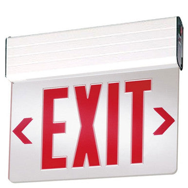 LED Edgelit Exit Sign- Surface Mount White Aluminum Canopy with Mirror Panel and Red Lettering - With Battery Back-Up