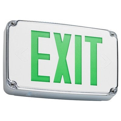 Led wet location exit sign with battery backup, white housing, green lettering, clean white background
