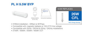 LED PL Retrofit Lamp for 2 or 4 Pin CFL Bulbs - Replaces 26 Watt- G24d, GX24d, G24q / GX24q Base Lamps - Magnetic Ballast Compatible or Bypass, 2700K and 870 Lumens
