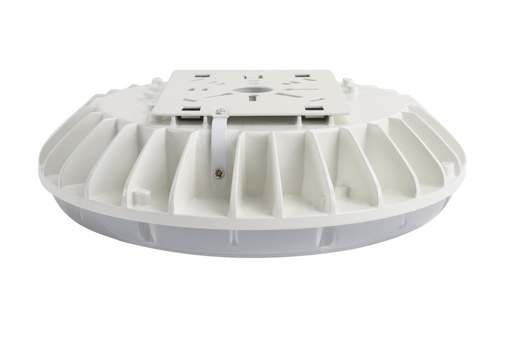 60 Watt LED Round Garage Canopy Light with Motion Sensor - Ceiling or Conduit Mount - 7100 Lumens - 5000K Daylight - 120-277V - White Finish