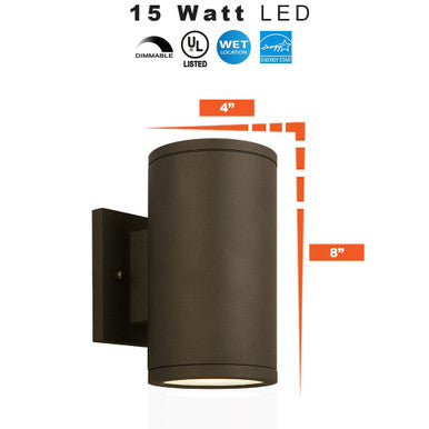 15 Watt LED Sconce Cylinder - 1200 Lumens - 3000K Soft White - 120V - Bronze Finish - Dimmable Down Light