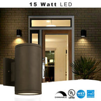 15 Watt LED Sconce Cylinder - 1200 Lumens - 3000K Soft White - 120V - Bronze Finish - Dimmable Down Light