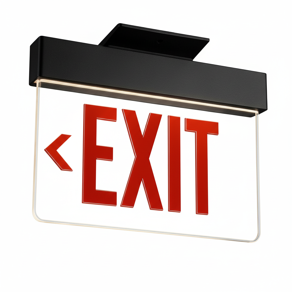 Aluminum Edge-Lit Exit Sign, Black, Single face, Red on clear, Left Arrow, Dual voltage, No Battery, Top mount to Jbox Only - Rough-In Housing Not Included