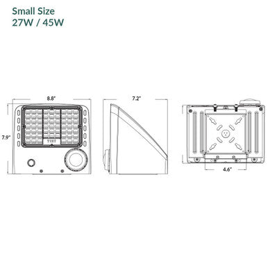 LED Full Cut Off Wall Pack - 10% Up 90% Down Light - Watt Selectable 80W/64W/48W - 11600 Max Lumens -Color Selectable 30K/40K/50K - 120-277V - Bronze Finish - With Photocell