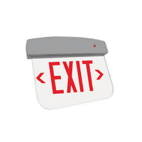 LED Plastic Edge Lit Exit Sign - Silver Canopy Surface Mount with White Panel and Red Lettering - With Battery Back-Up