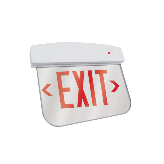 LED Plastic Edge Lit Exit Sign - White Canopy Surface Mount with Mirror Panel and Red Lettering - With Battery Back-Up