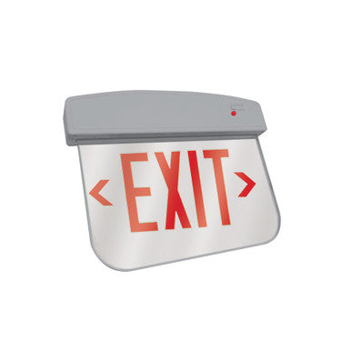 LED Plastic Edge Lit Exit Sign - Silver Canopy Surface Mount with Mirror Panel and Red Lettering - With Battery Back-Up