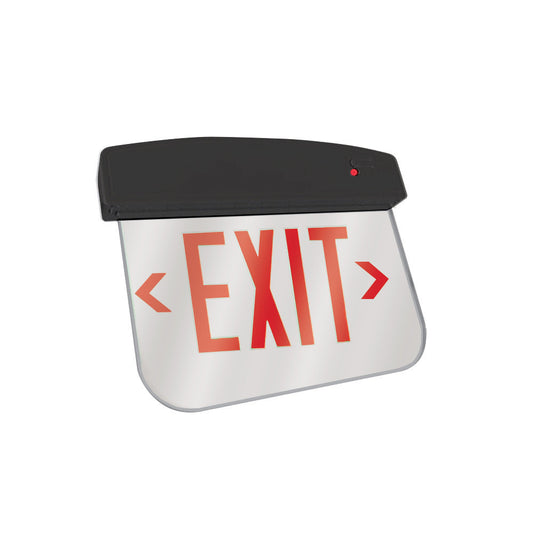LED Plastic Edge Lit Exit Sign - Black Canopy Surface Mount with Mirror Panel and Red Lettering - With Battery Back-Up