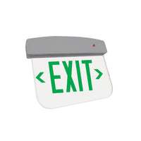 LED Plastic Edge Lit Exit Sign - Silver Canopy Surface Mount with White Panel and Green Lettering - With Battery Back-Up