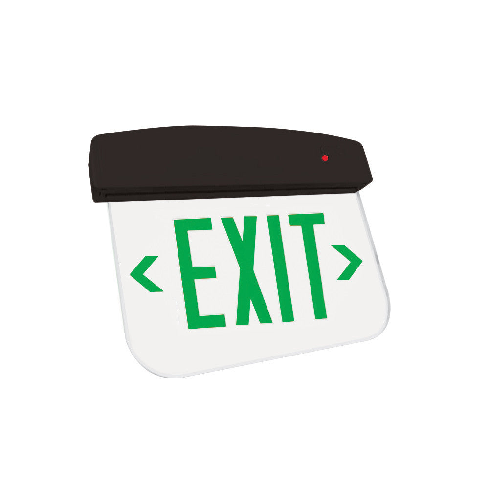 LED Plastic Edge Lit Exit Sign - Black Canopy Surface Mount with White Panel and Green Lettering - With Battery Back-Up
