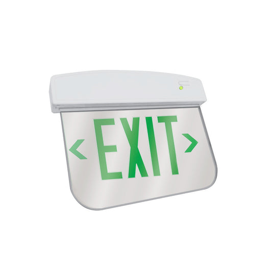 LED Plastic Edge Lit Exit Sign - White Canopy Surface Mount with Mirror Panel and Green Lettering - With Battery Back-Up