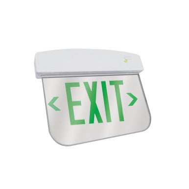 LED Plastic Edge Lit Exit Sign - White Canopy Surface Mount with Mirror Panel and Green Lettering - With Battery Back-Up