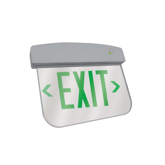 LED Plastic Edge Lit Exit Sign - Silver Canopy Surface Mount with Mirror Panel and Green Lettering - With Battery Back-Up