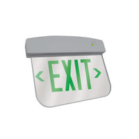 LED Plastic Edge Lit Exit Sign - Silver Canopy Surface Mount with Mirror Panel and Green Lettering - With Battery Back-Up