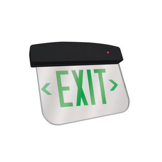 LED Plastic Edge Lit Exit Sign - Black Canopy Surface Mount with Mirror Panel and Green Lettering - With Battery Back-Up