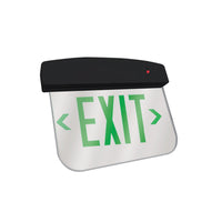 LED Plastic Edge Lit Exit Sign - Black Canopy Surface Mount with Mirror Panel and Green Lettering - With Battery Back-Up