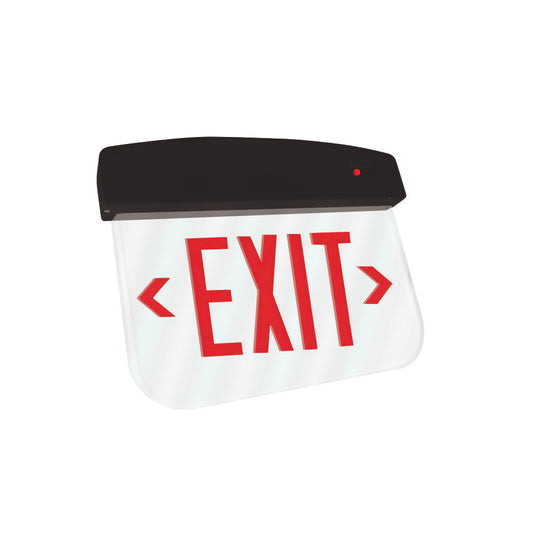 LED Plastic Edge Lit Exit Sign - Black Canopy Surface Mount with Clear Panel and Red Lettering - With Battery Back-Up