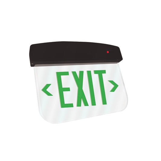 LED Plastic Edge Lit Exit Sign - Black Canopy Surface Mount with Green Lettering - With Battery Back-Up