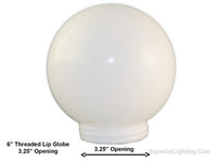 6 Inch Plastic Globe Threaded Lip Opening White Acrylic