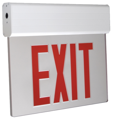 LED Edgelit Exit Sign- Surface Mount White Aluminum Canopy with Clear Panel and Red Lettering - With Battery Back-Up