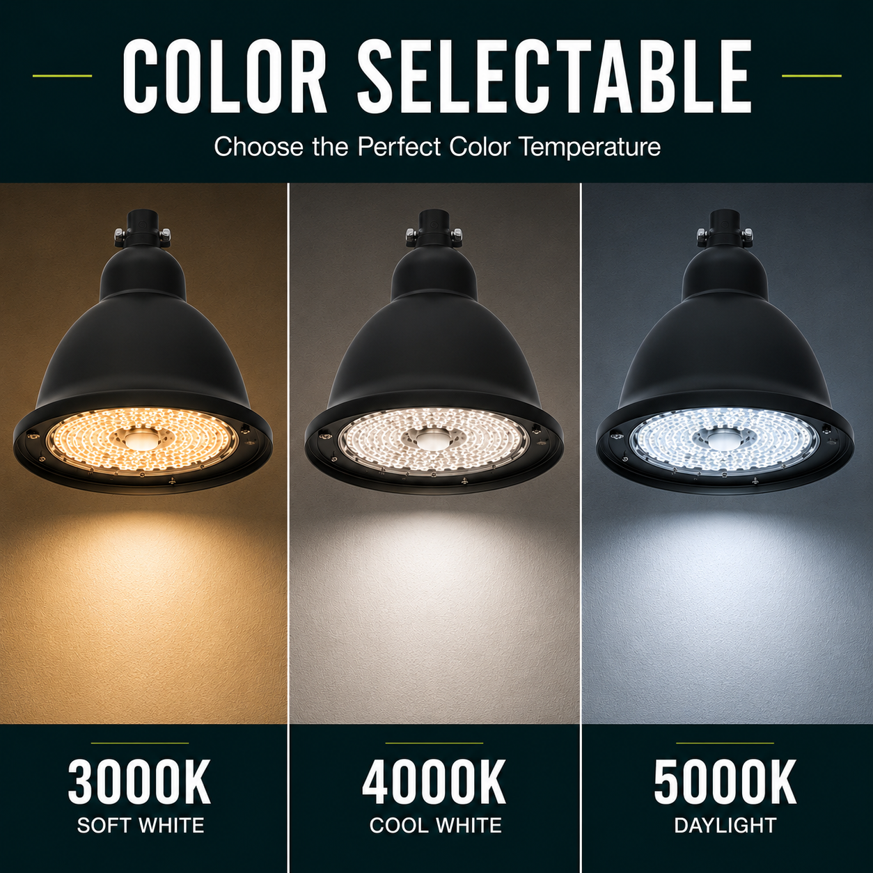 LED Designer Bell Post Light - 16 Inch Diameter - Watt Selectable 100/80/50W - 110-277V - Color Temperature Selectable 30/40/50K - Dimmable - Black Finish - With Straight Arm Wall Bracket - Photocell Included