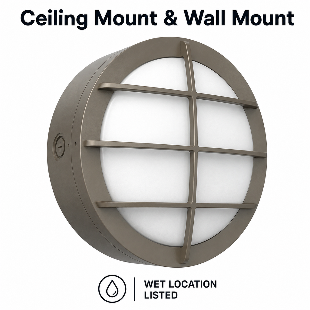LED Round Bulk Head Light With Grid Trim - Wall or Ceiling Mount – Wet Location - Watt Selectable 60W/48W/36W - Color Selectable 30K/40K/50K - 120/277V - Black Finish - Integrated Photocell Included