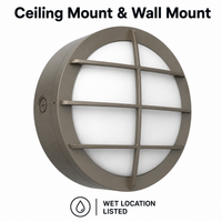 LED Round Bulk Head Light With Grid Trim - Wall or Ceiling Mount – Wet Location - Watt Selectable 60W/48W/36W - Color Selectable 30K/40K/50K - 120/277V - Black Finish - Integrated Photocell Included